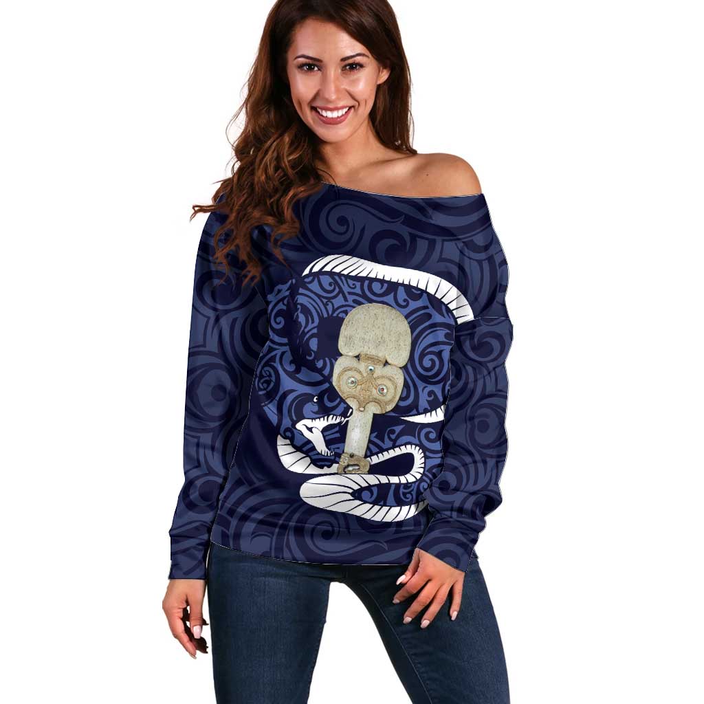 Blue New Zealand Eel Off Shoulder Sweater Aotearoa Maori Tuna With Kotiate Weapon LT14 Women Blue - Polynesian Pride