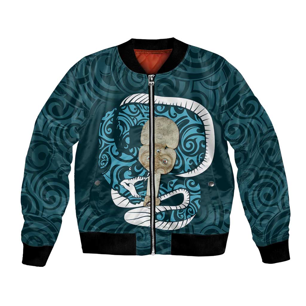 Turquoise New Zealand Eel Bomber Jacket Aotearoa Maori Tuna With Kotiate Weapon LT14 Unisex Turquoise - Polynesian Pride