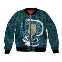 Turquoise New Zealand Eel Bomber Jacket Aotearoa Maori Tuna With Kotiate Weapon LT14 Unisex Turquoise - Polynesian Pride