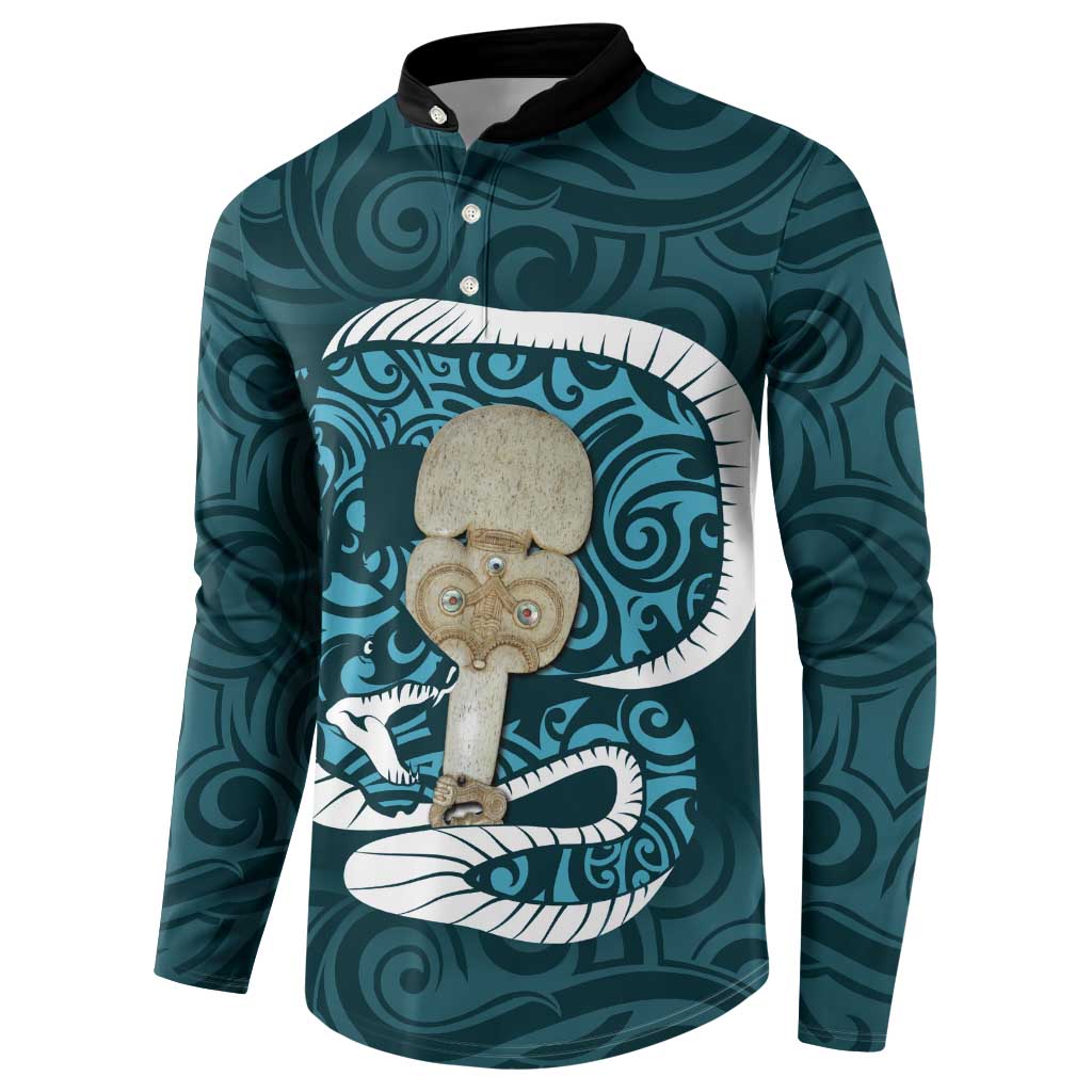 Turquoise New Zealand Eel Button Sweatshirt Aotearoa Maori Tuna With Kotiate Weapon LT14 - Polynesian Pride