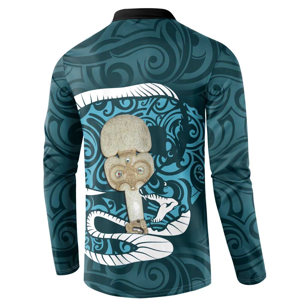 Turquoise New Zealand Eel Button Sweatshirt Aotearoa Maori Tuna With Kotiate Weapon LT14 - Polynesian Pride