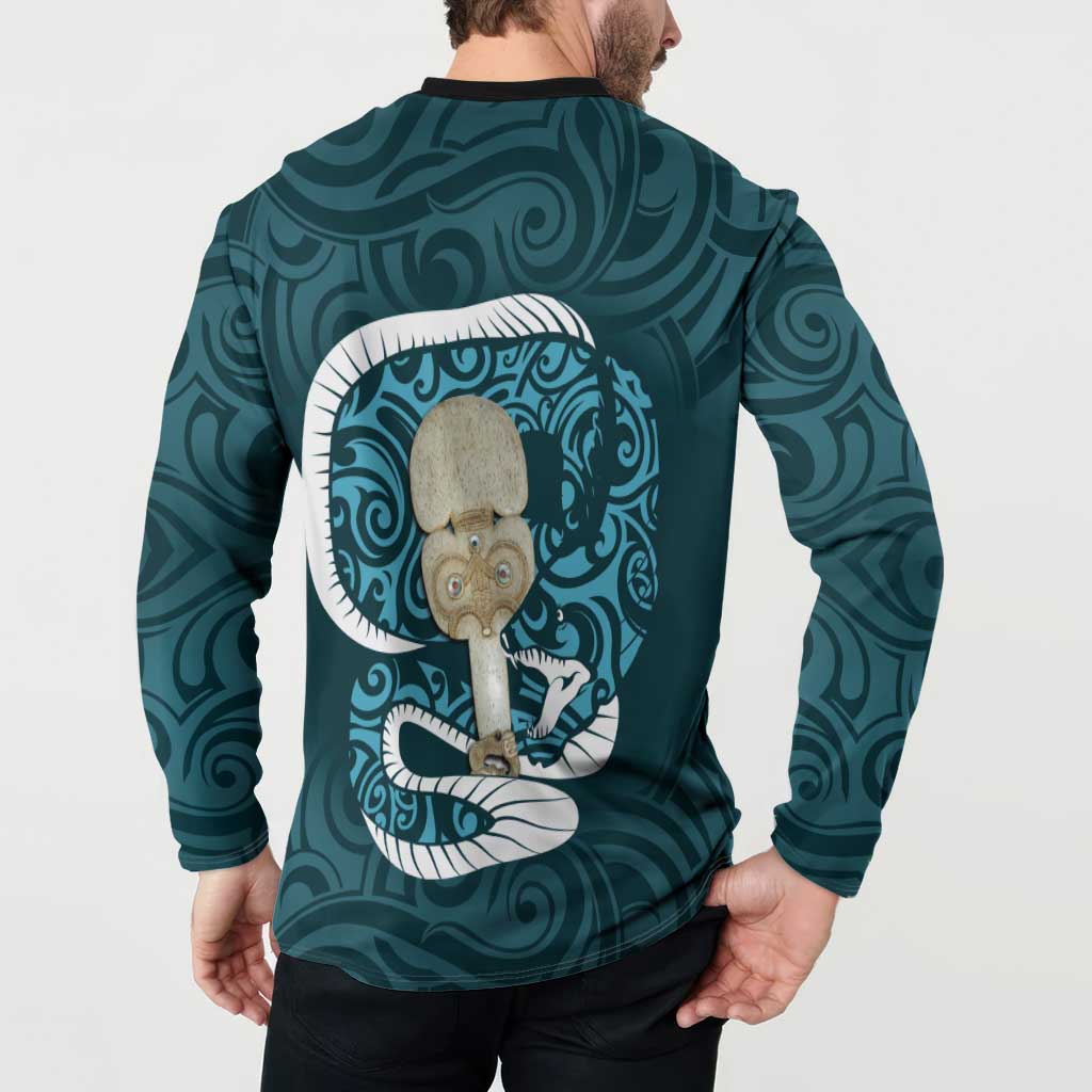 Turquoise New Zealand Eel Button Sweatshirt Aotearoa Maori Tuna With Kotiate Weapon LT14 - Polynesian Pride