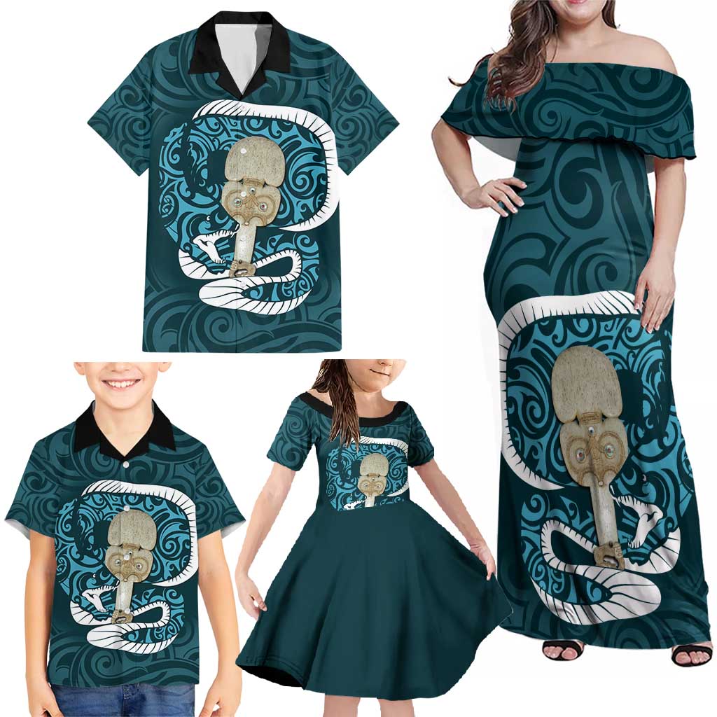 Turquoise New Zealand Eel Family Matching Off Shoulder Maxi Dress and Hawaiian Shirt Aotearoa Maori Tuna With Kotiate Weapon