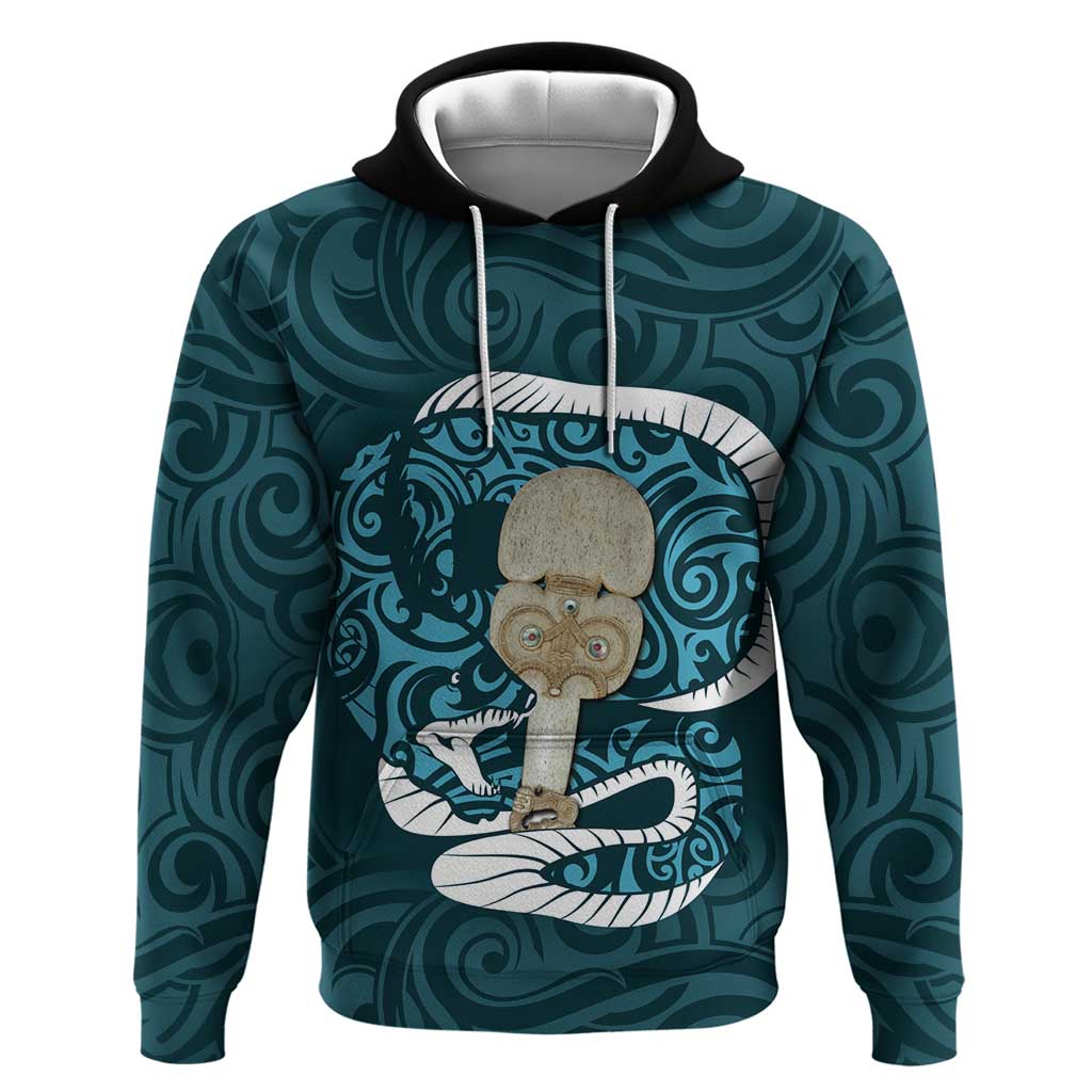 Turquoise New Zealand Eel Hoodie Aotearoa Maori Tuna With Kotiate Weapon LT14 Pullover Hoodie Turquoise - Polynesian Pride