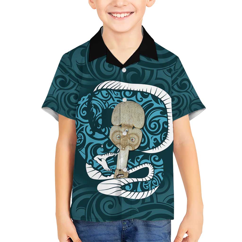 Turquoise New Zealand Eel Kid Hawaiian Shirt Aotearoa Maori Tuna With Kotiate Weapon LT14 Kid Turquoise - Polynesian Pride