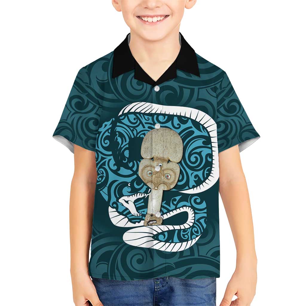 Turquoise New Zealand Eel Kid Hawaiian Shirt Aotearoa Maori Tuna With Kotiate Weapon