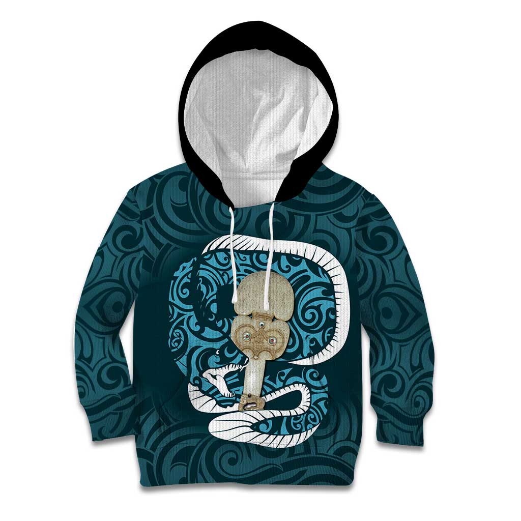 Turquoise New Zealand Eel Kid Hoodie Aotearoa Maori Tuna With Kotiate Weapon