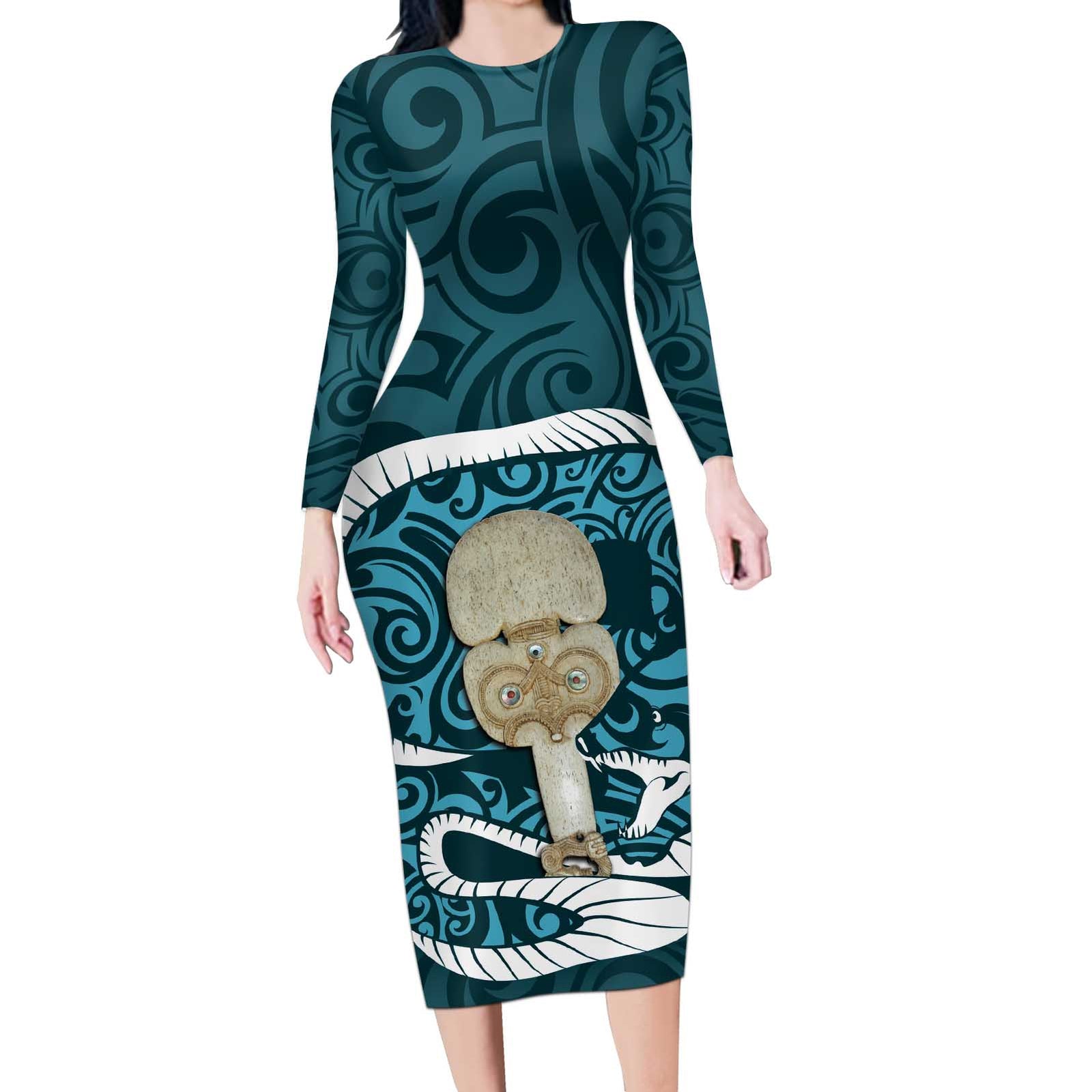 Turquoise New Zealand Eel Long Sleeve Bodycon Dress Aotearoa Maori Tuna With Kotiate Weapon LT14 Long Dress Turquoise - Polynesian Pride