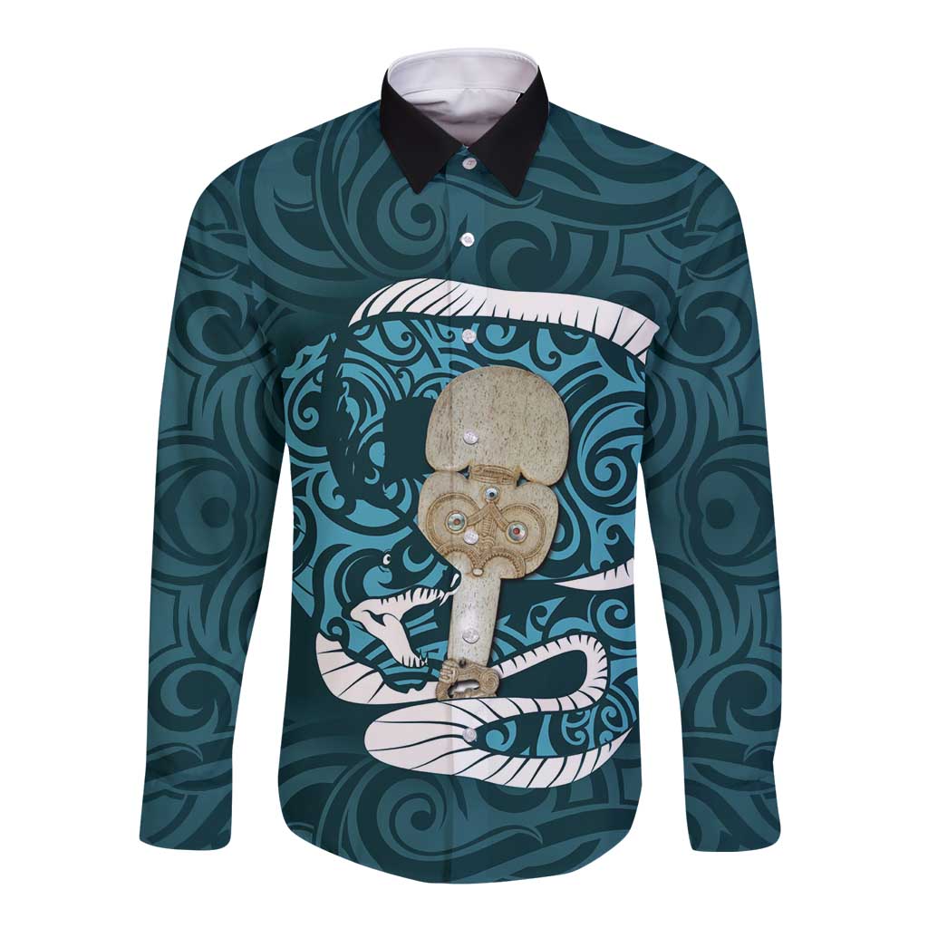 Turquoise New Zealand Eel Long Sleeve Button Shirt Aotearoa Maori Tuna With Kotiate Weapon LT14 Unisex Turquoise - Polynesian Pride