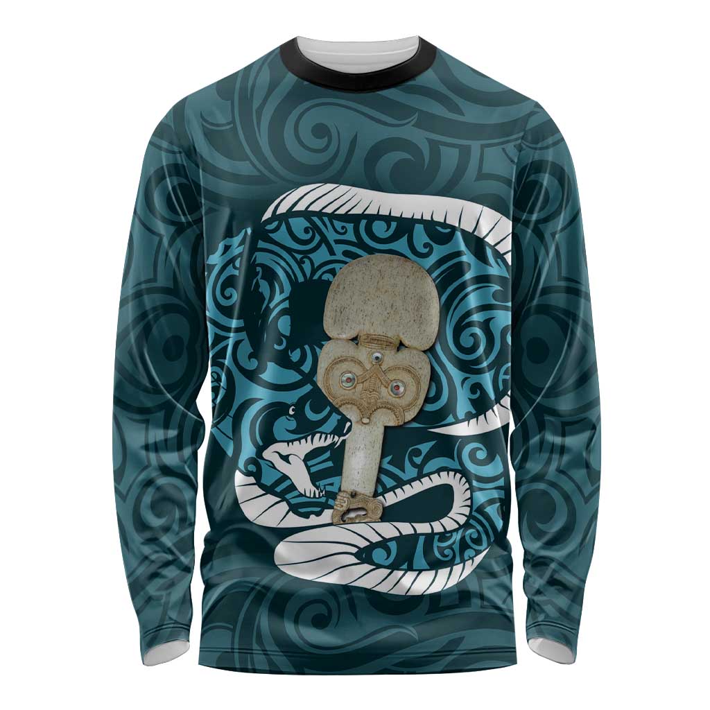 Turquoise New Zealand Eel Long Sleeve Shirt Aotearoa Maori Tuna With Kotiate Weapon LT14 Unisex Turquoise - Polynesian Pride