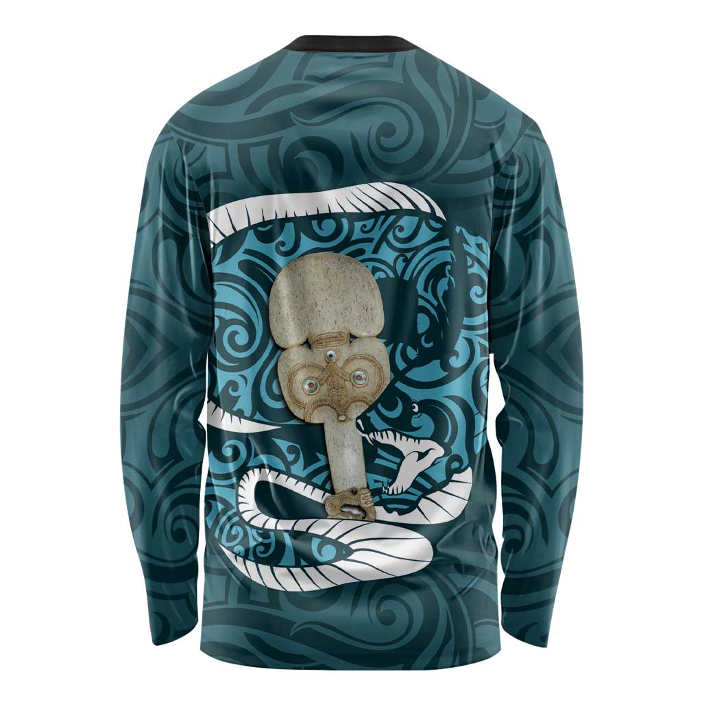 Turquoise New Zealand Eel Long Sleeve Shirt Aotearoa Maori Tuna With Kotiate Weapon LT14 - Polynesian Pride