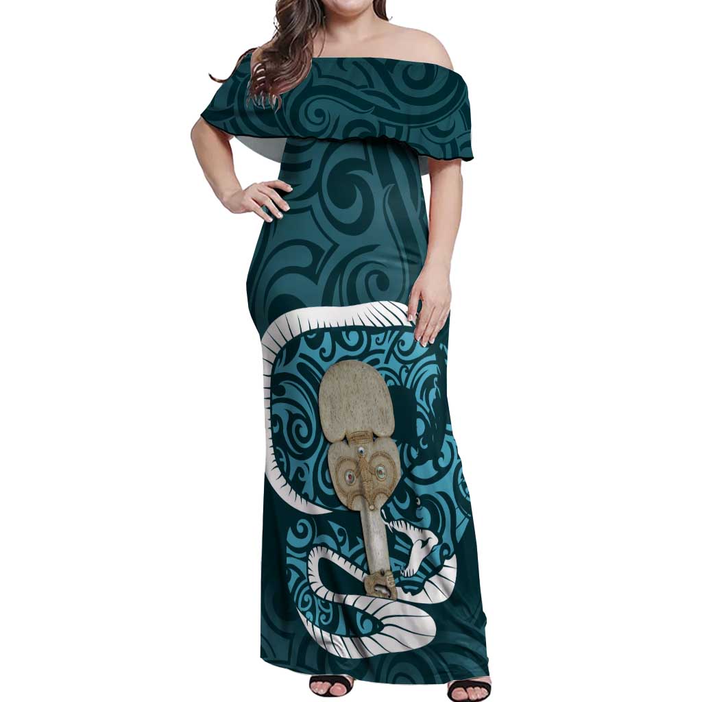 Turquoise New Zealand Eel Off Shoulder Maxi Dress Aotearoa Maori Tuna With Kotiate Weapon LT14 Women Turquoise - Polynesian Pride