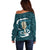 Turquoise New Zealand Eel Off Shoulder Sweater Aotearoa Maori Tuna With Kotiate Weapon