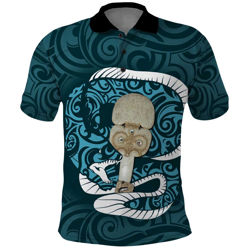 Turquoise New Zealand Eel Polo Shirt Aotearoa Maori Tuna With Kotiate Weapon