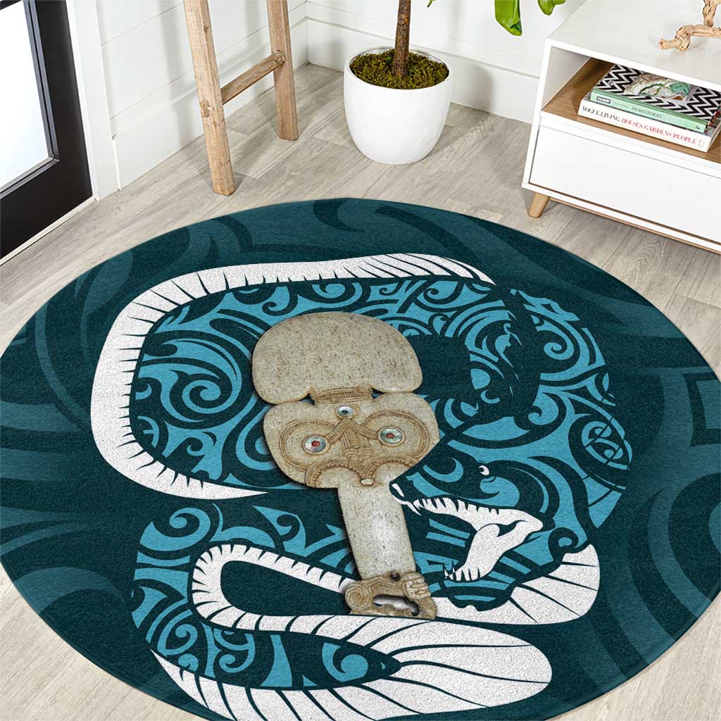Turquoise New Zealand Eel Round Carpet Aotearoa Maori Tuna With Kotiate Weapon LT14 Turquoise - Polynesian Pride