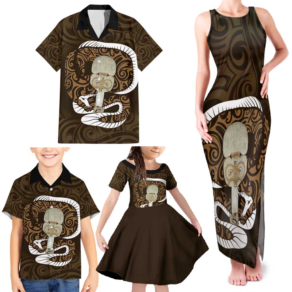 Gold New Zealand Eel Family Matching Tank Maxi Dress and Hawaiian Shirt Aotearoa Maori Tuna With Kotiate Weapon