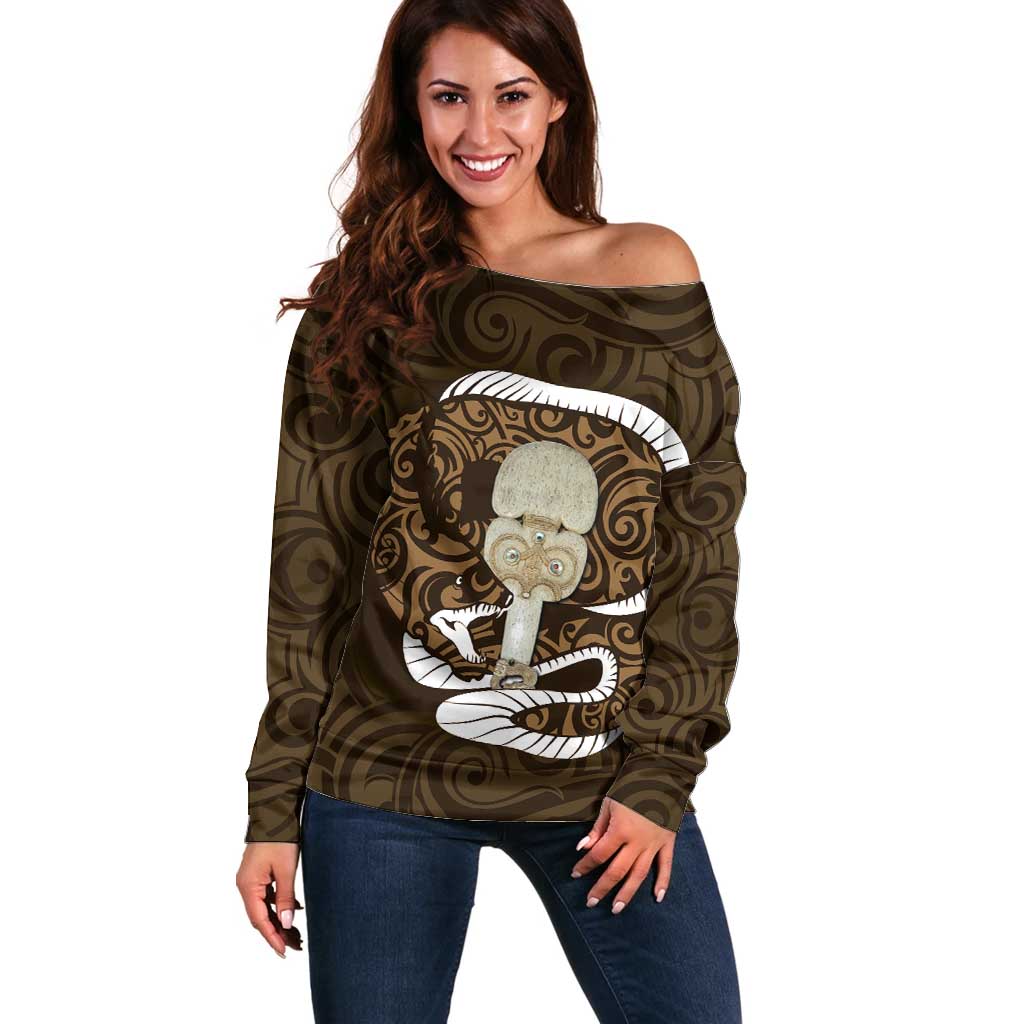 Gold New Zealand Eel Off Shoulder Sweater Aotearoa Maori Tuna With Kotiate Weapon LT14 Women Gold - Polynesian Pride