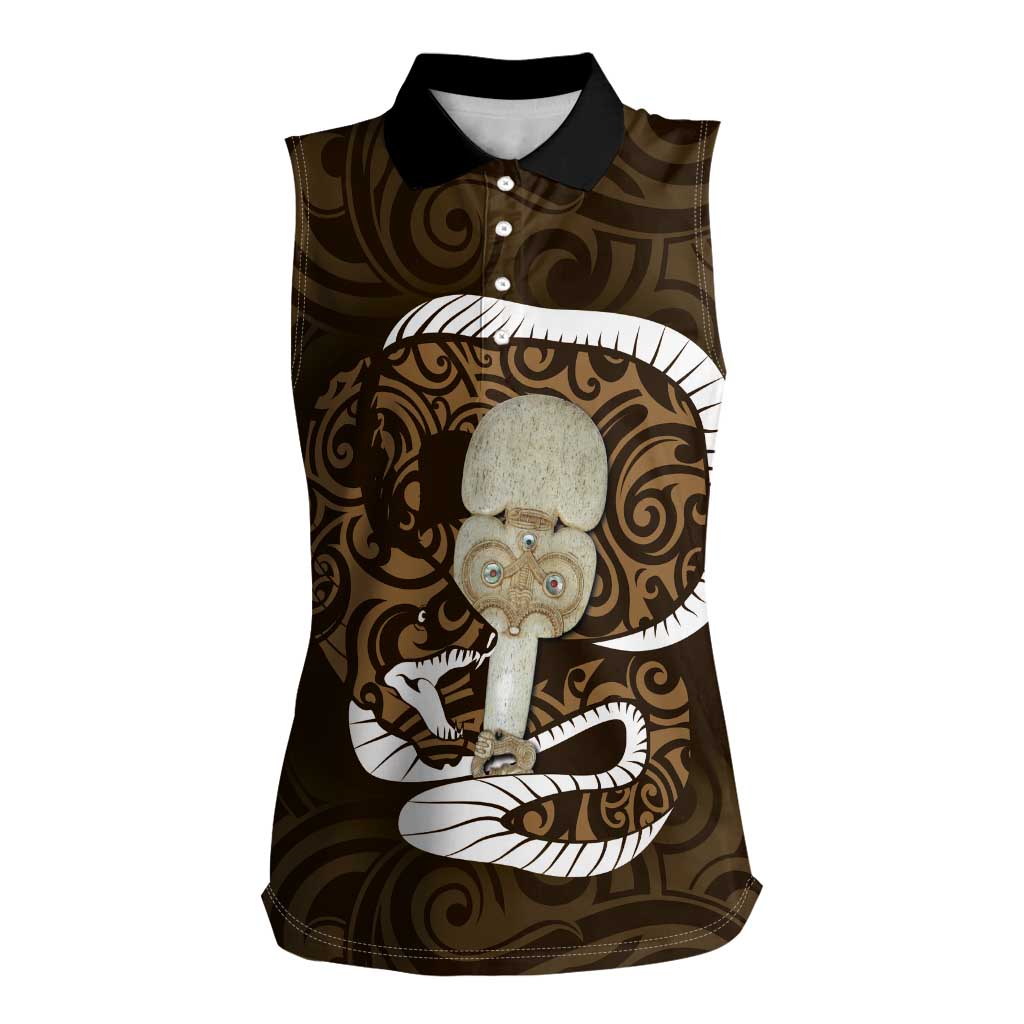 Gold New Zealand Eel Women Sleeveless Polo Shirt Aotearoa Maori Tuna With Kotiate Weapon