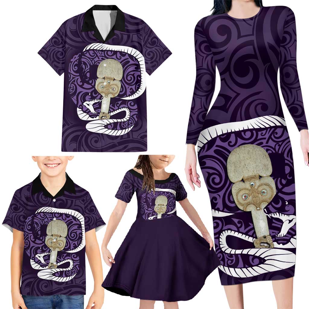 Purple New Zealand Eel Family Matching Long Sleeve Bodycon Dress and Hawaiian Shirt Aotearoa Maori Tuna With Kotiate Weapon