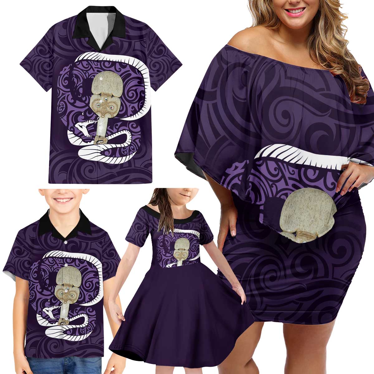 Purple New Zealand Eel Family Matching Off Shoulder Short Dress and Hawaiian Shirt Aotearoa Maori Tuna With Kotiate Weapon