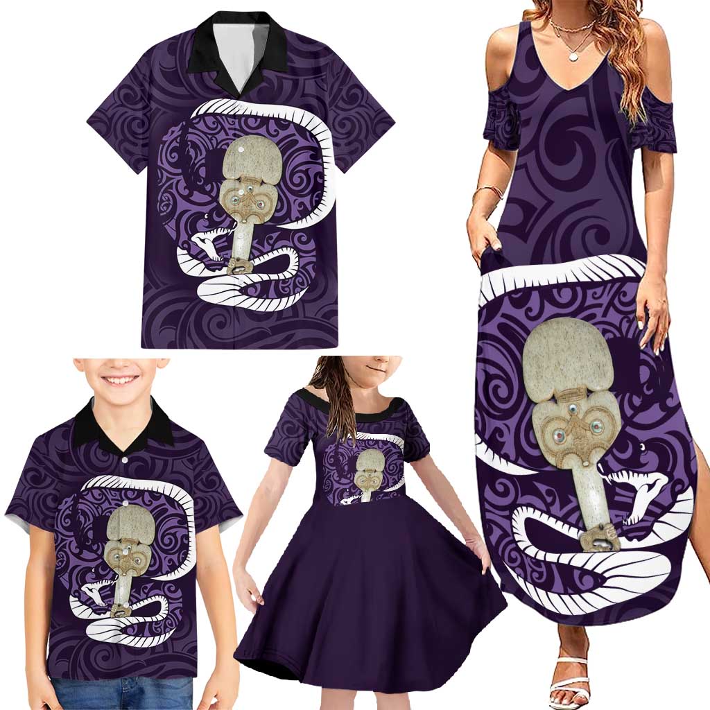 Purple New Zealand Eel Family Matching Summer Maxi Dress and Hawaiian Shirt Aotearoa Maori Tuna With Kotiate Weapon