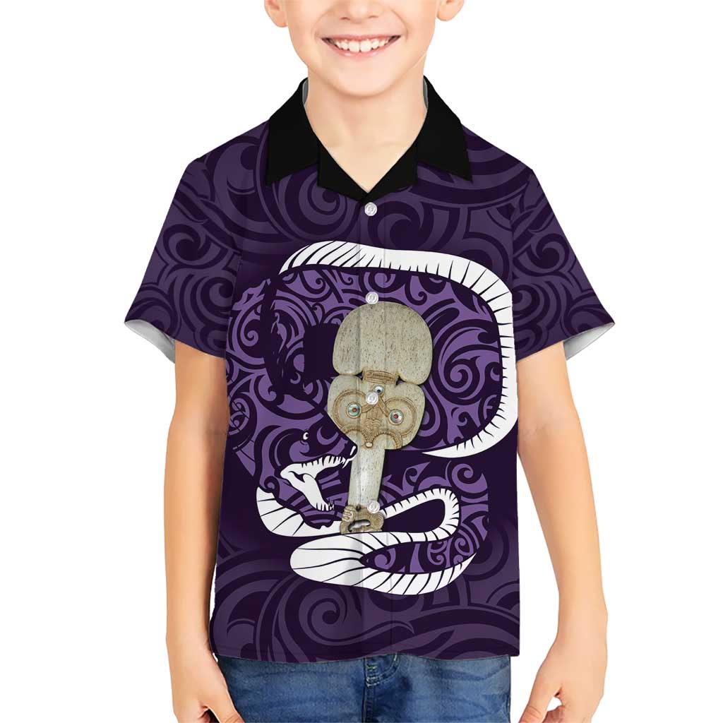 Purple New Zealand Eel Kid Hawaiian Shirt Aotearoa Maori Tuna With Kotiate Weapon