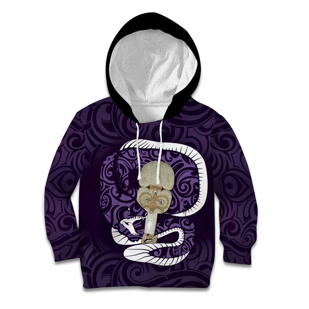 Purple New Zealand Eel Kid Hoodie Aotearoa Maori Tuna With Kotiate Weapon