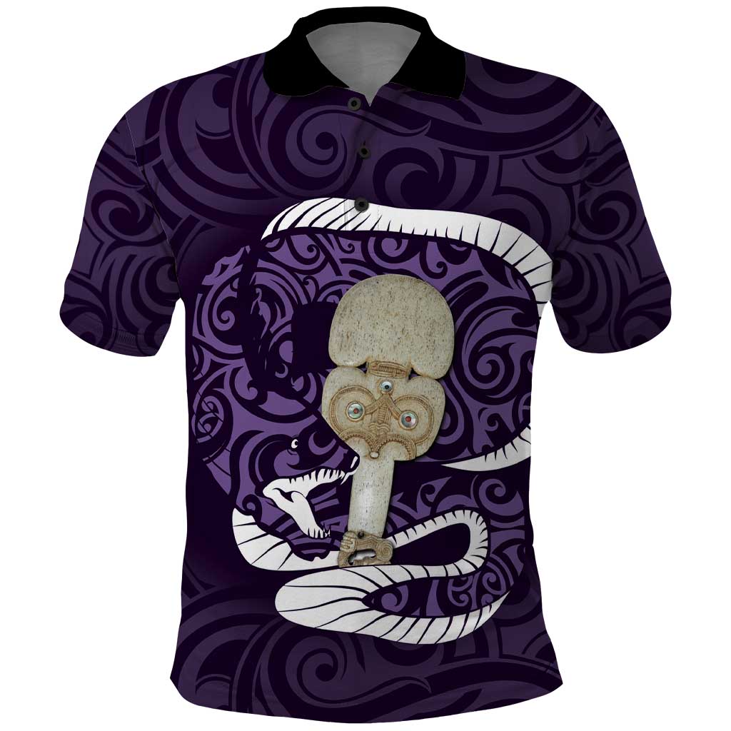 Purple New Zealand Eel Polo Shirt Aotearoa Maori Tuna With Kotiate Weapon