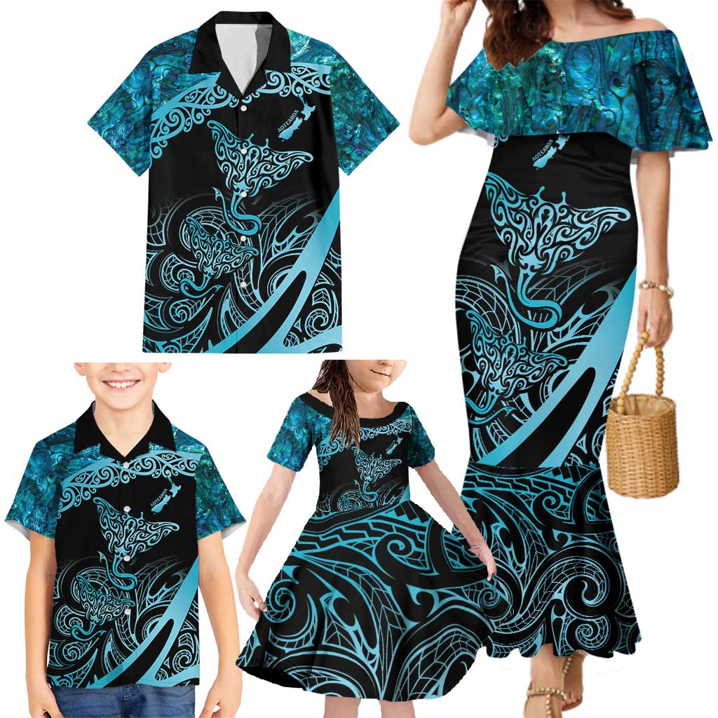 New Zealand Stingray Family Matching Mermaid Dress and Hawaiian Shirt Aotearoa Whai With Maori Paua Shell