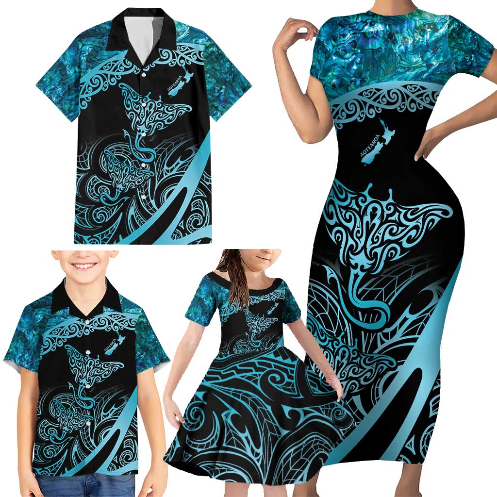 New Zealand Stingray Family Matching Short Sleeve Bodycon Dress and Hawaiian Shirt Aotearoa Whai With Maori Paua Shell