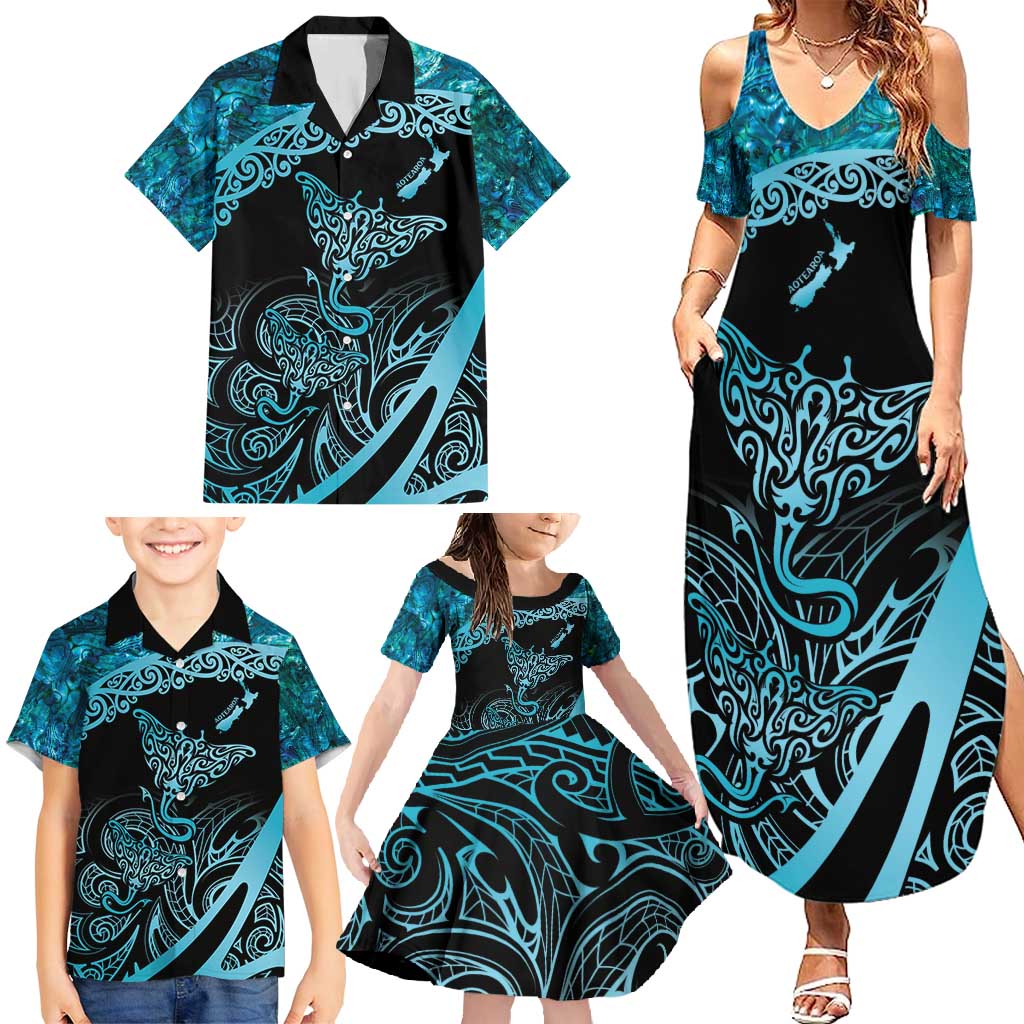 New Zealand Stingray Family Matching Summer Maxi Dress and Hawaiian Shirt Aotearoa Whai With Maori Paua Shell