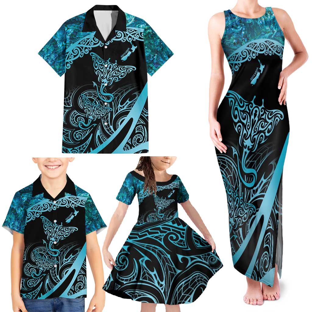 New Zealand Stingray Family Matching Tank Maxi Dress and Hawaiian Shirt Aotearoa Whai With Maori Paua Shell