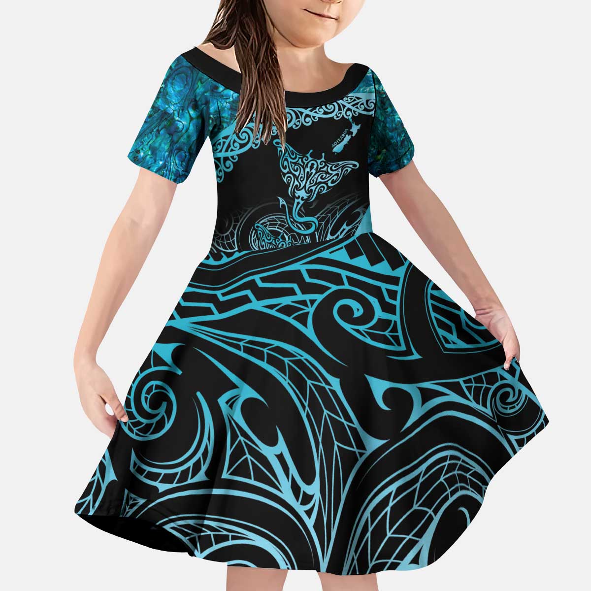 New Zealand Stingray Kid Short Sleeve Dress Aotearoa Whai With Maori Paua Shell LT14 KID Turquoise - Polynesian Pride