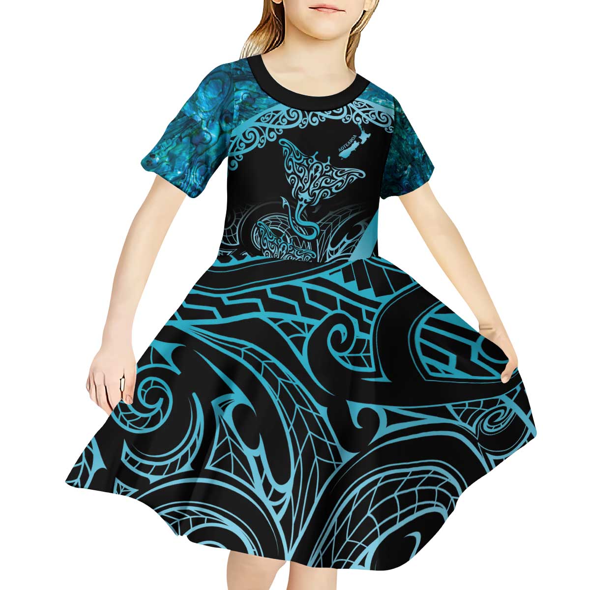New Zealand Stingray Kid Short Sleeve Dress Aotearoa Whai With Maori Paua Shell LT14 - Polynesian Pride