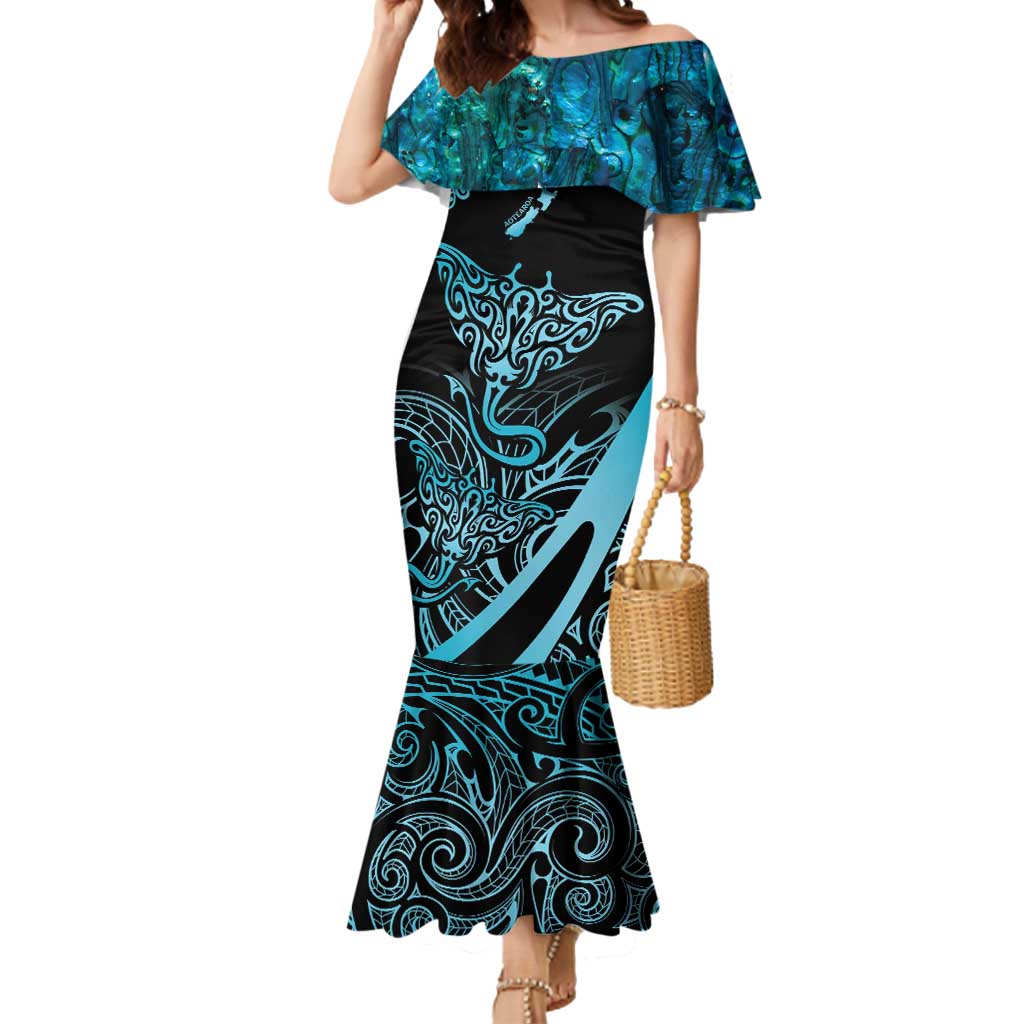 New Zealand Stingray Mermaid Dress Aotearoa Whai With Maori Paua Shell LT14 Women Turquoise - Polynesian Pride