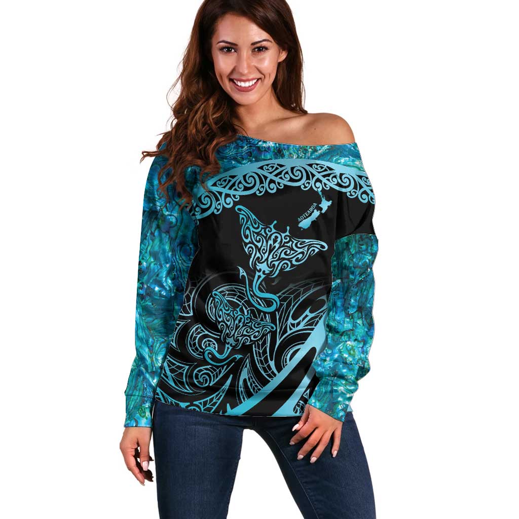 New Zealand Stingray Off Shoulder Sweater Aotearoa Whai With Maori Paua Shell LT14 Women Turquoise - Polynesian Pride