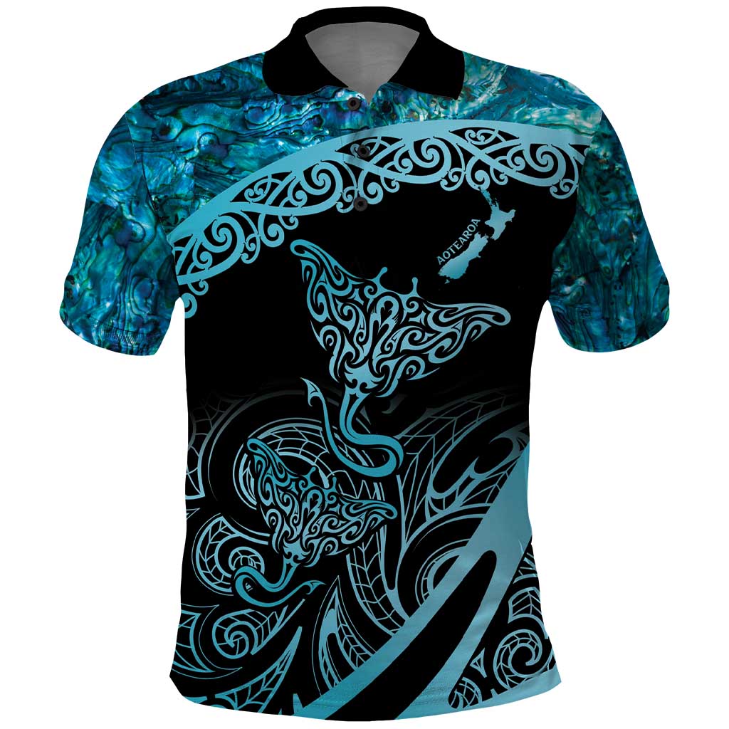 New Zealand Stingray Polo Shirt Aotearoa Whai With Maori Paua Shell