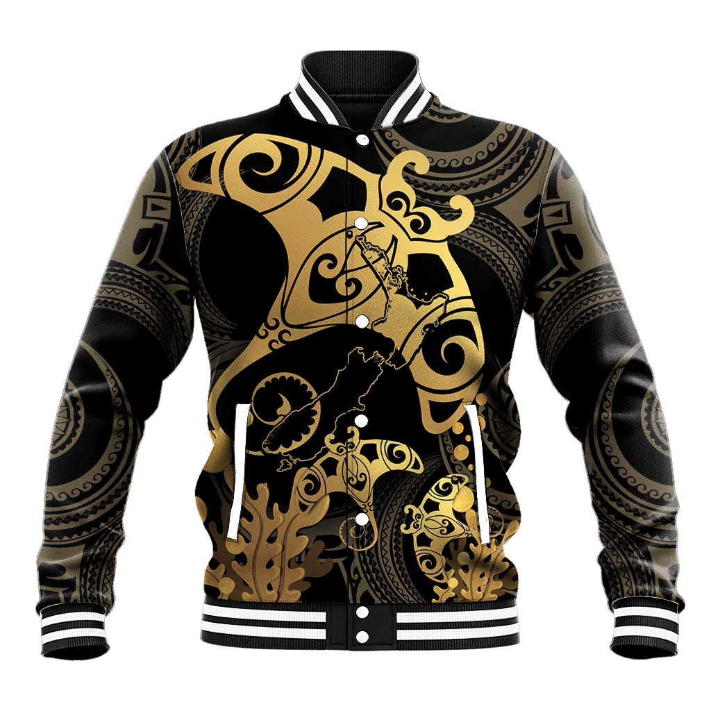 Black And Gold Aotearoa Whai Baseball Jacket NZ Stingrays Maori Curves Style LT14 Unisex Gold - Polynesian Pride
