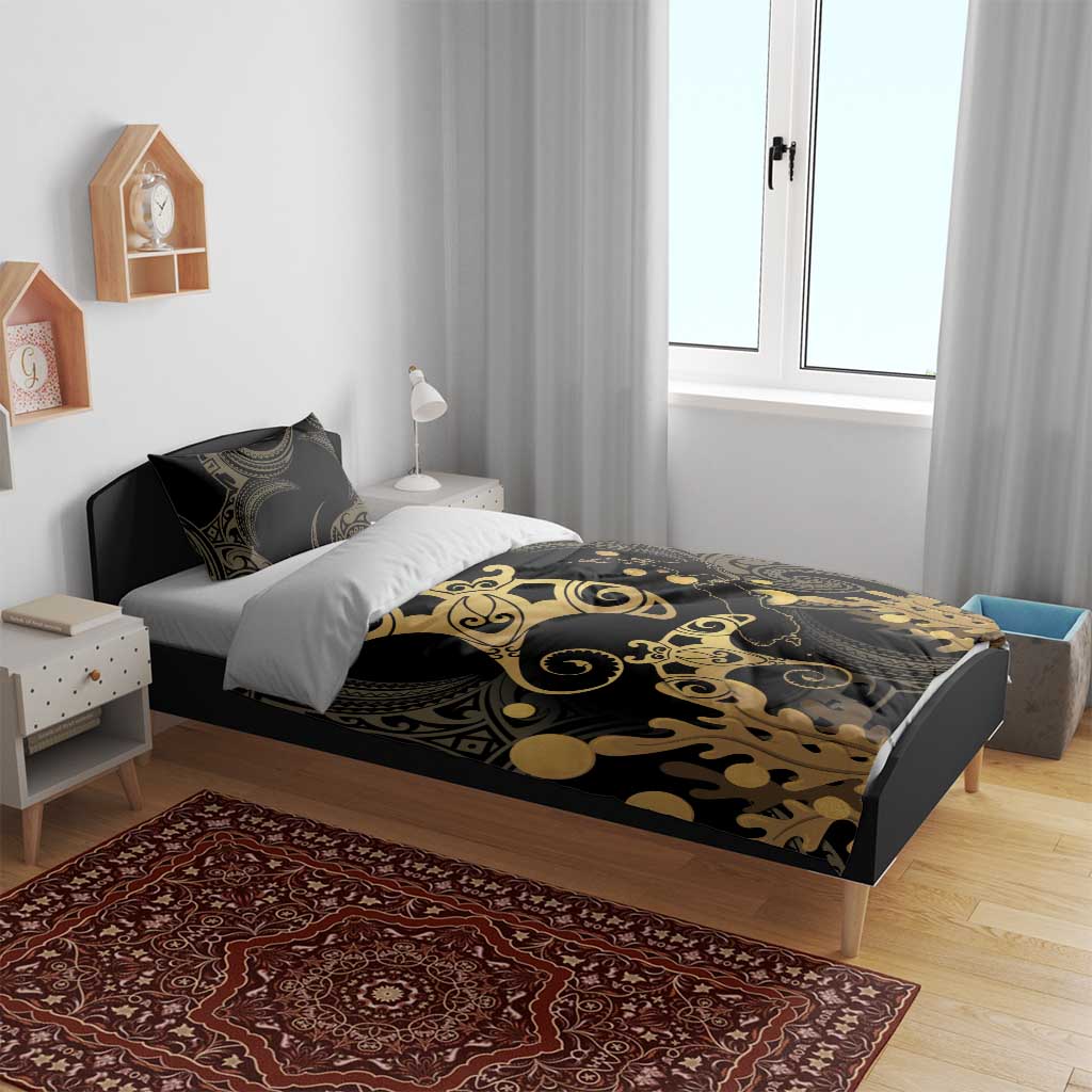 Black And Gold Aotearoa Whai Bedding Set NZ Stingrays Maori Curves Style LT14 - Polynesian Pride