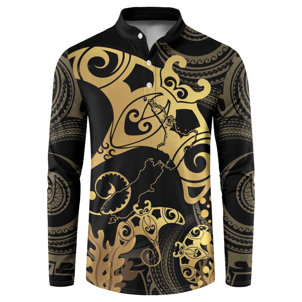 Black And Gold Aotearoa Whai Button Sweatshirt NZ Stingrays Maori Curves Style LT14 Gold - Polynesian Pride