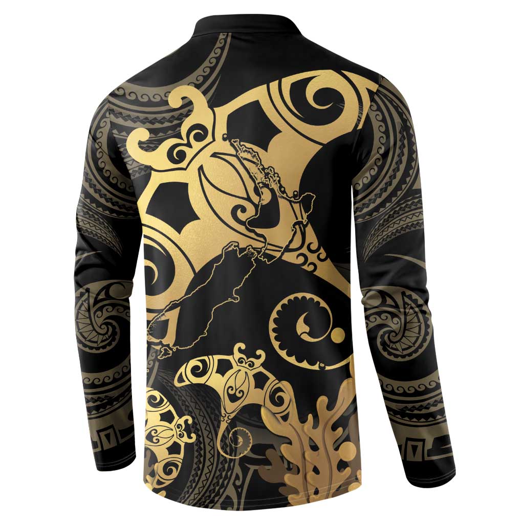 Black And Gold Aotearoa Whai Button Sweatshirt NZ Stingrays Maori Curves Style LT14 - Polynesian Pride