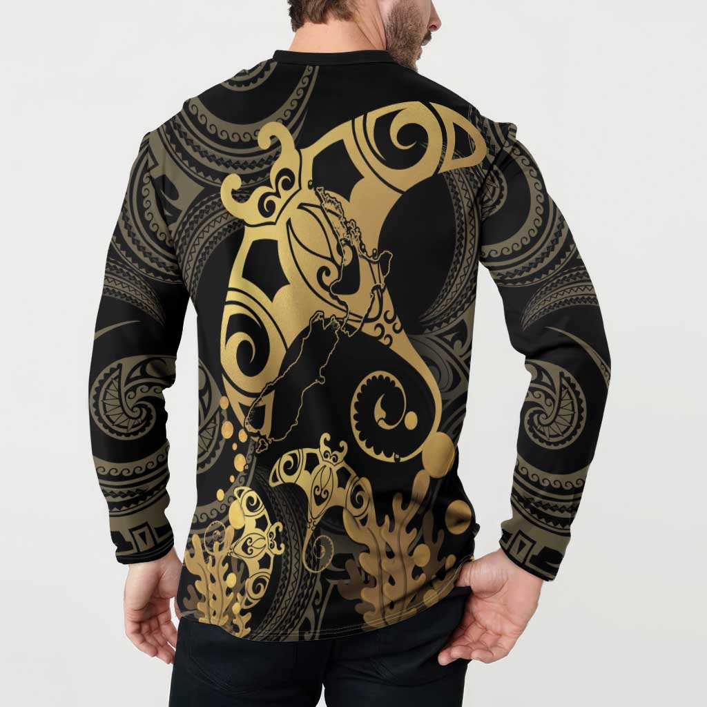 Black And Gold Aotearoa Whai Button Sweatshirt NZ Stingrays Maori Curves Style LT14 - Polynesian Pride