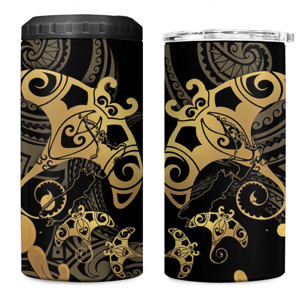 Black And Gold Aotearoa Whai 4 in 1 Can Cooler Tumbler NZ Stingrays Maori Curves Style LT14 One Size: 16 oz Gold - Polynesian Pride