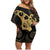 Black And Gold Aotearoa Whai Family Matching Off Shoulder Short Dress and Hawaiian Shirt NZ Stingrays Maori Curves Style