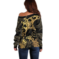 Black And Gold Aotearoa Whai Off Shoulder Sweater NZ Stingrays Maori Curves Style LT14 - Polynesian Pride