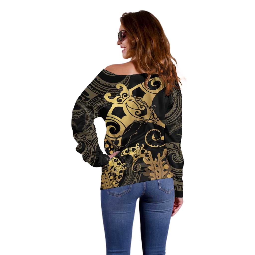 Black And Gold Aotearoa Whai Off Shoulder Sweater NZ Stingrays Maori Curves Style LT14 - Polynesian Pride