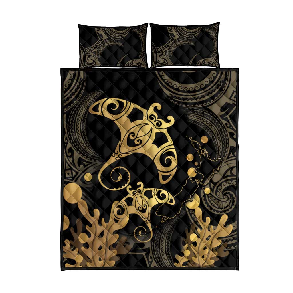 Black And Gold Aotearoa Whai Quilt Bed Set NZ Stingrays Maori Curves Style LT14 - Polynesian Pride