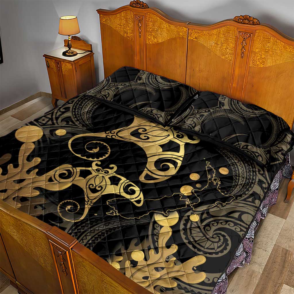 Black And Gold Aotearoa Whai Quilt Bed Set NZ Stingrays Maori Curves Style LT14 - Polynesian Pride