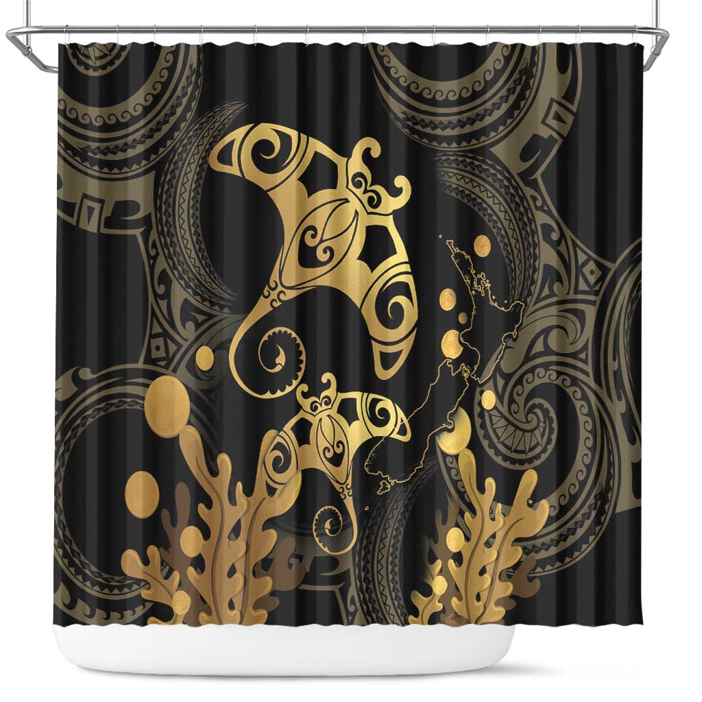 Black And Gold Aotearoa Whai Shower Curtain NZ Stingrays Maori Curves Style LT14 Gold - Polynesian Pride
