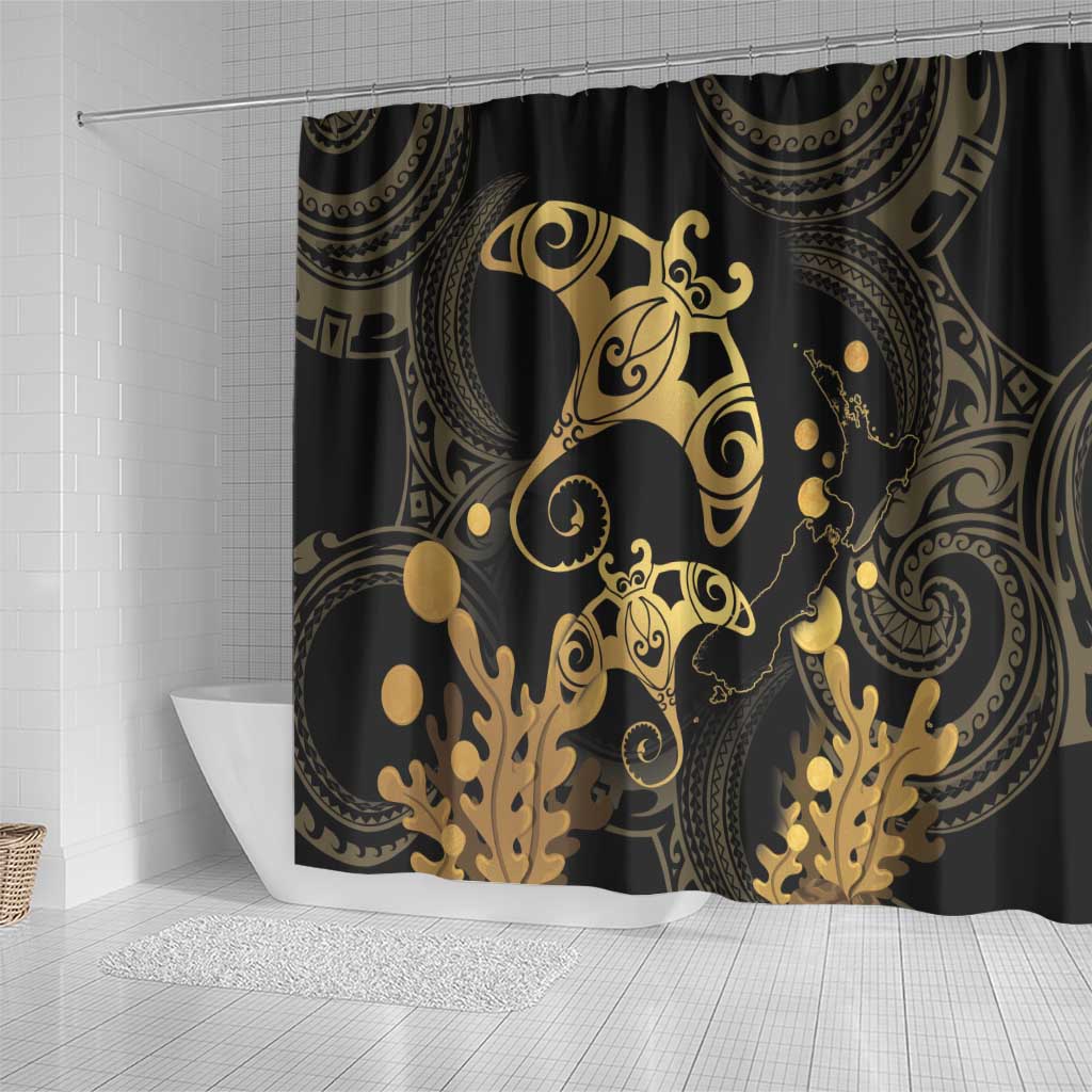 Black And Gold Aotearoa Whai Shower Curtain NZ Stingrays Maori Curves Style LT14 - Polynesian Pride